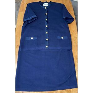 Vintage Castleberry Knit 2pc Skirt Suit Set Navy Blue Trim Brass Buttons Size 14